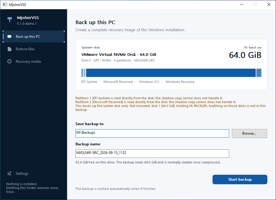 The MjolnirVSS window: a dark navigation rail with Back up this PC, Restore files, Recovery media and Settings, beside a panel showing the system disk, its partition layout and where the backup will be saved.