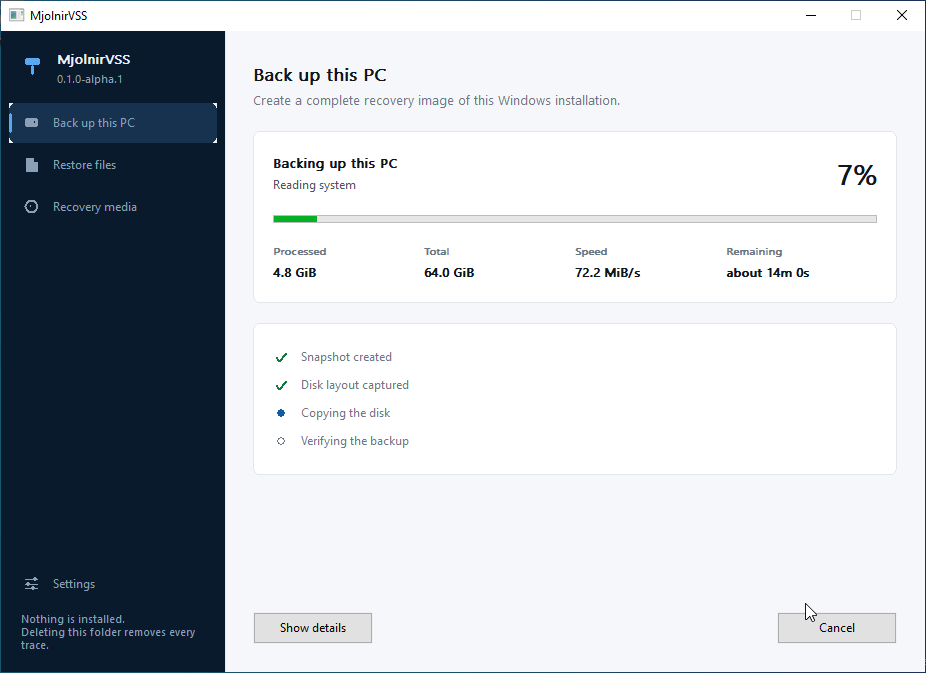 The backup running: a progress bar, a large percentage, figures for processed, total, speed and time remaining, and a list of stages with the current one marked.
