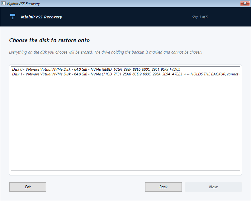 The recovery wizard listing the disks found in the machine, with the drive holding the backup marked as unavailable.
