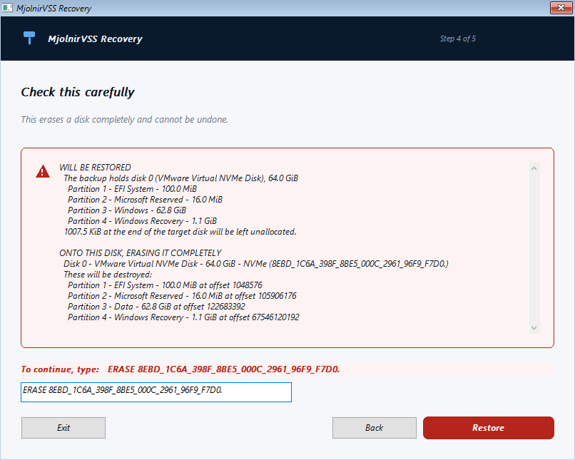 The confirmation step of the recovery wizard, showing the target disk's model, serial number, size and current partitions in a red-edged panel, with a field for the erase phrase.